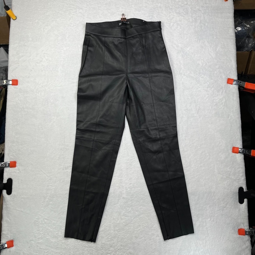 Zara Leggings Womens Medium Black Faux Leather Stretch High Waisted Ankle Zip